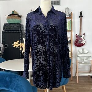 Vintage navy blue velvet mesh long sleeve blouse M